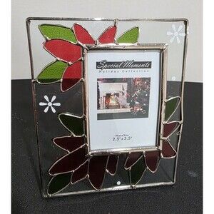 🎄Christmas POINSETTA Special Moments PHOTO FRAME Stained Glass EUC